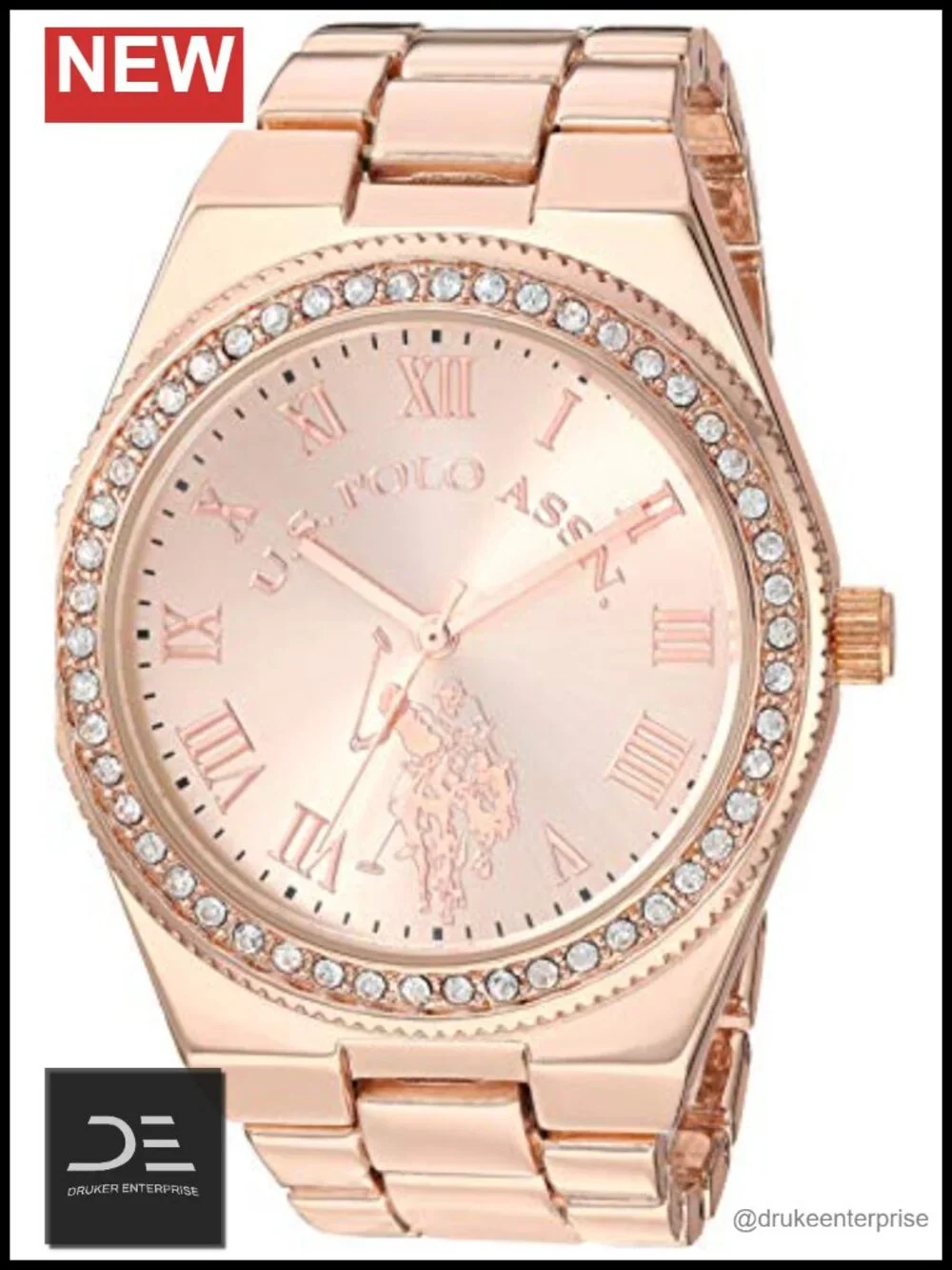 Women's Rose Gold Watch with Roman Numerals and Crystal Bezel Accent – Analog